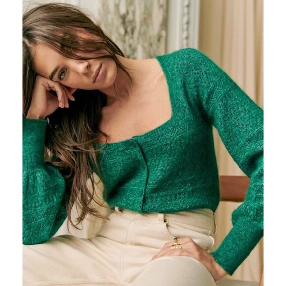 Sezane Sweaters - EUC Sezane Esmee Mohair Wool Square Neck Cardigan Emerald Green XXS